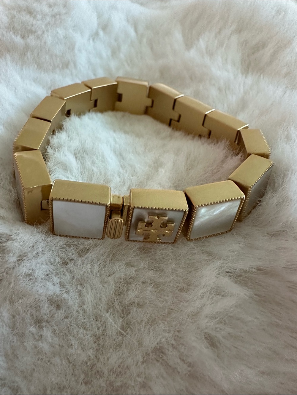 Tory Burch Gold and White Mother-of-Pearl Link Bracelet